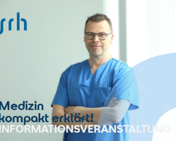 Ein Arzt in blauer Arbeitskleidung lächelt und steht mit verschränkten Armen. Text: "Medizin kompakt erklärt! Informationsveranstaltung".