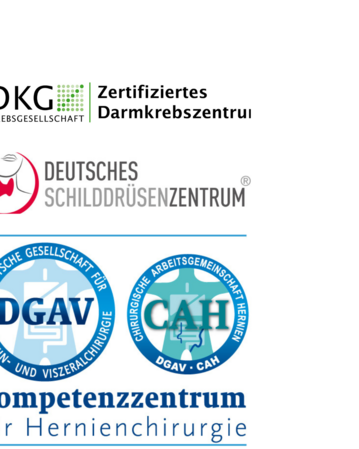 Zertifizierungslogos für medizinische Zentren: Darmkrebszentrum, Schilddrüsenzentrum und Kompetenzzentrum für Hernienchirurgie.
