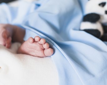Zwei kleine Babyfüße, die unter einer blauen Decke hervorschauen, neben einem schwarzen und weißen Plüschpanda.