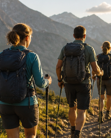 Wanderer mit Rucksäcken und Wanderstöcken gehen einen Pfad in den Bergen, umgeben von einer beeindruckenden Berglandschaft.