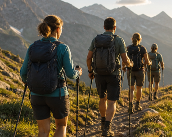 Wanderer mit Rucksäcken und Wanderstöcken gehen einen Pfad in den Bergen, umgeben von einer beeindruckenden Berglandschaft.