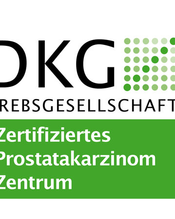 DKG Krebsgesellschaft Logo mit dem Text "Zertifiziertes Prostatakarzinom Zentrum" in grüner Schrift.