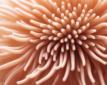 Detailaufnahme einer blassrosa, blühenden Struktur mit vielen langen, dünnen Tentakeln, die strahlenförmig angeordnet sind.